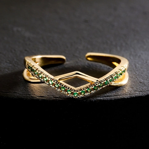 Verstellbarer Kupferring 18K Vergoldet Grüner Zirkon Marquise Blatt Geometrisch Minimalistischer Modeschmuck Damen