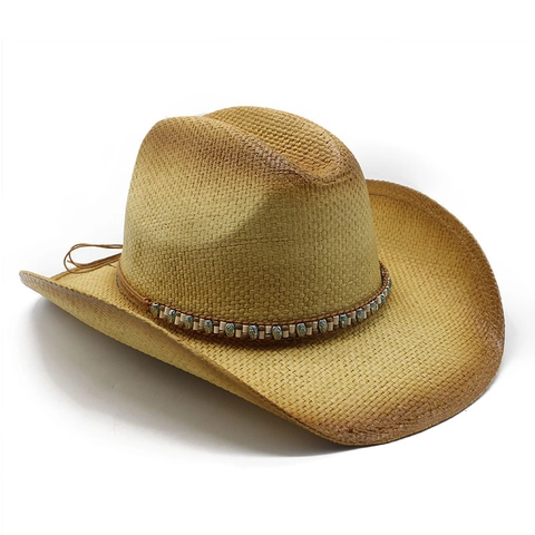 Western Cowboy Hat Paper Straw Wide Brim Sun Protection Beaded Band Bohemian Beach Vacation Retro Style Men Women
