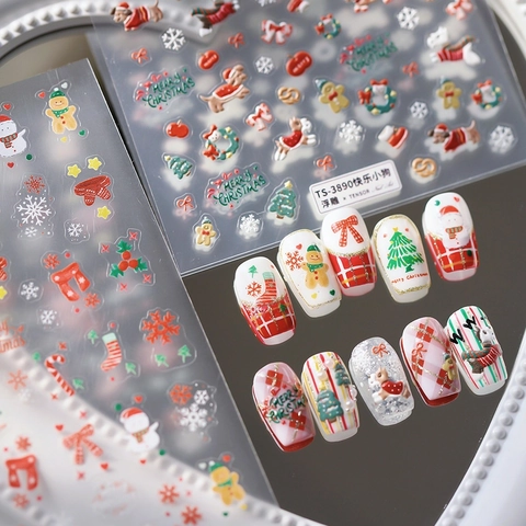 Autocollants Ongles Noël Relief 5D Auto Adhésifs Dessin Animé Chien Bonhomme De Neige Manucure Fête DIY