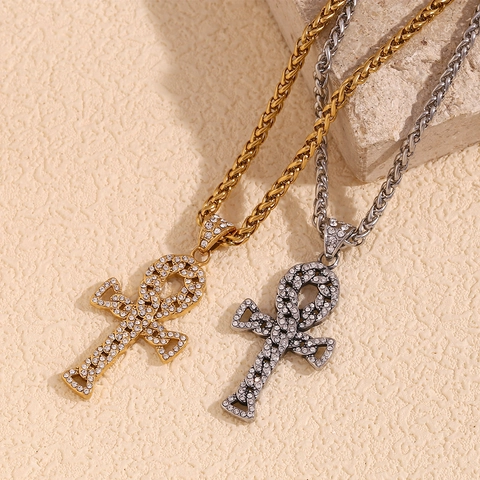 Edelstahl Ankh Kreuz Anhänger Halskette 18K Vergoldet Glänzende Strass Hip Hop Retro Gewebte Kette Für Herren