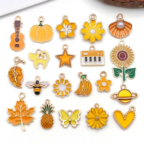 Ciondoli Assortiti In Lega Di Zinco Smalto Giallo Per Creazione Gioielli Fai Da Te Bracciale Collana Portachiavi Forme Fiori Foglie