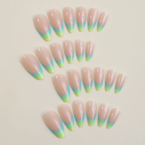 Franse Gradiënt Press On Nails Lange Amandelvorm Stiletto Glanzend Plastic Herbruikbare Kunstnagels Voor Dames