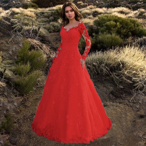 Women's Elegant Lace Wedding Dress Long Sleeve V-Neck Off Shoulder Mesh Embroidery A-Line Bridal Gown Formal Party Dress