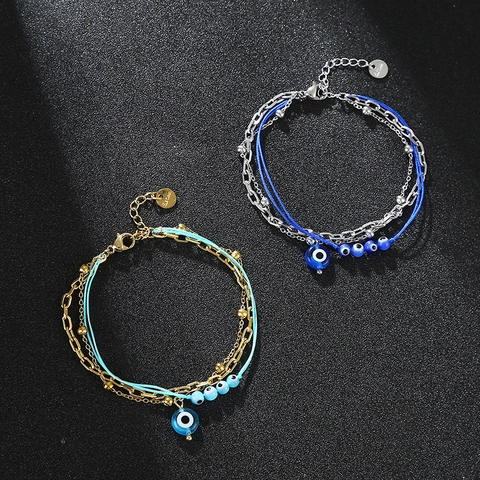 Evil Eye Multi-Layer Bracelet Stainless Steel Woven Rope Waterproof Gold Plated Bohemian Jewelry For Women Girls