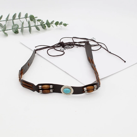 Boheems Etnisch Hoedband PU Leer Gevlochten Decoratieve Riem DIY Mode Accessoire Vintage Turquoise Kralen Voor Heren Dames