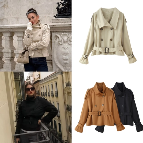 Women Short Trench Coat Double Breasted With Belt Polyester Lapel Casual Fashion Urban Outerwear Jacket