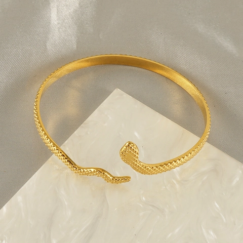 Bracciale Rigido Forma Serpente Placcato Oro 18K Acciaio Inossidabile Regolabile Aperto Trama Squame Gioielli Lusso Donne