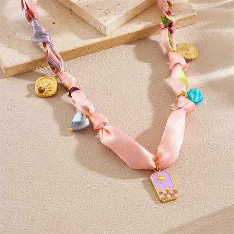 Collana Foulard In Raso Acciaio Inossidabile Placcato Oro Pendente Cuore Luna Sole Choker Nastro Boho Per Donna