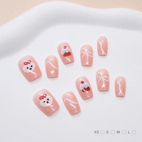 Press On Nails Handmade Resin Short Square Pink Cute Dog Bow Pattern Sweet Reusable Manicure For Women