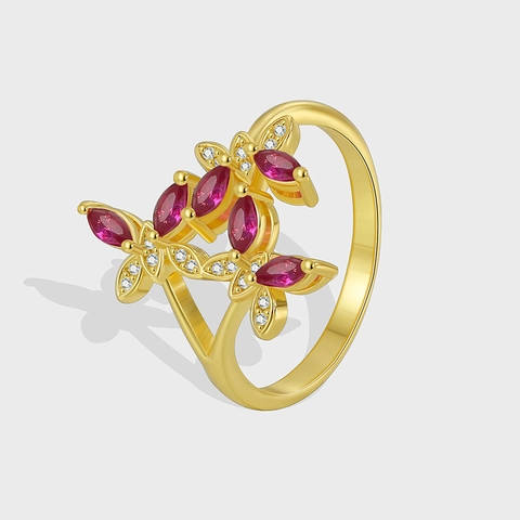 Bague Fleur Papillon Cuivre Plaqué Or Zircon Marquise Rouge Bijoux Étincelants Élégants Accessoires De Mode Cadeau Pour Femmes
