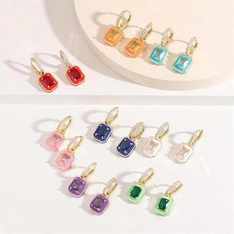 Colorful Rectangular Zircon Huggie Hoop Earrings Women Enamel Square Stone Brass 18K Gold Plated Vintage Elegant