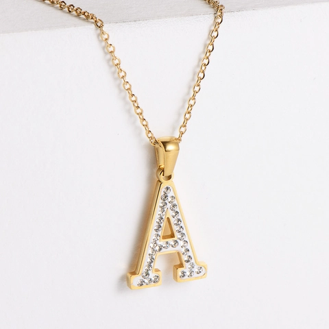 Collana Con Pendente Lettera Iniziale Acciaio Inossidabile Placcato Oro 18K Strass Brillante Alfabeto Catena Elegante