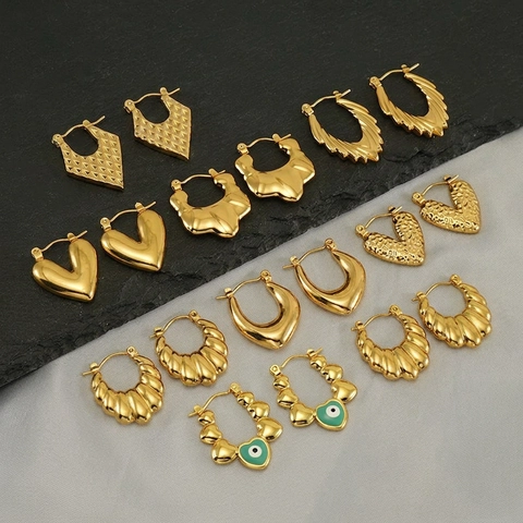 Orecchini A Cuore Occhio In Acciaio Inossidabile Placcato Oro 18K Vintage Cerchi Chunky Gioielli Geometrici Donna