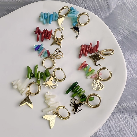 Ozean Thema Edelstahl Creolen Meereslebewesen Anhänger Bunte Perlen Tropische Fische Delfin Oktopus Sommer Schmuck