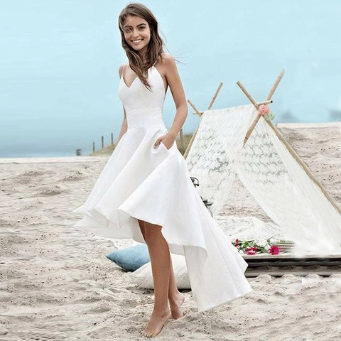 High Low Satin Wedding Dress Sleeveless V Neck Backless Spaghetti Strap Elegant Cocktail Party Bridal Gown Women