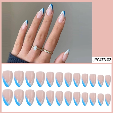 Franse Tip Press On Nails Amandelvorm Geometrische Blauw Wit Patchwork Plastic Kunstnagels Voor Vrouwen