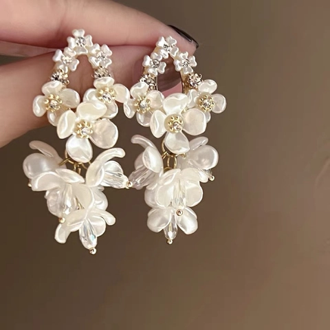 Pendientes Largos De Flores Pétalos De Concha Brillantes Con Poste De Plata Joyería Vintage Francés Elegante Para Mujer