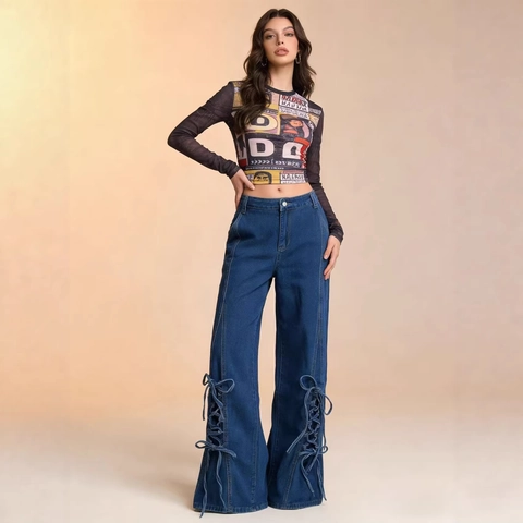 Wide Leg Denim Jeans High Waisted Lace Up Side Cross Tie Straight Loose Retro Vintage Casual Fashion For Women