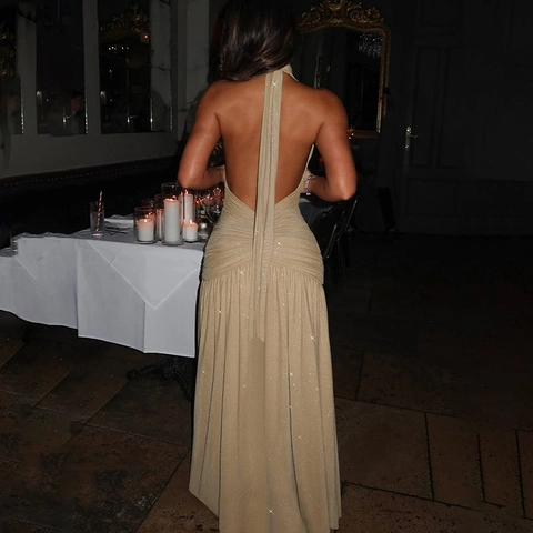 Abito Maxi Sexy Scollo A V Profondo Halter Senza Schiena Metallico Spacco Alto Arricciato Vestito Da Sera Per Donna