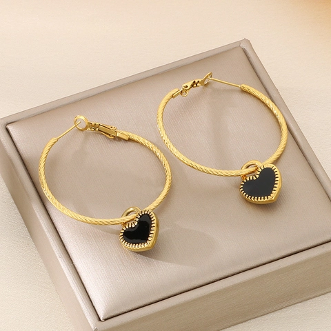 Stainless Steel Heart Pendant Hoop Earrings For Women Twisted Rope Texture Enamel Drip Oil Gold Color Fashion Jewelry