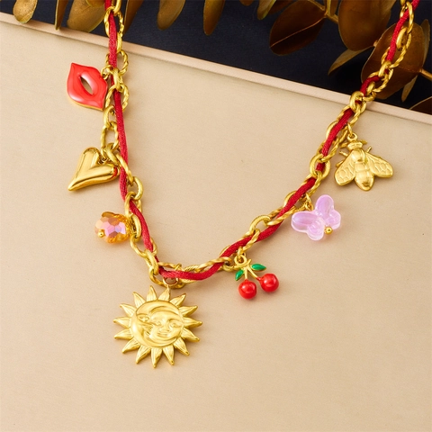Stainless Steel Gold Plated Multi Pendant Necklace Red Braided Rope Sun Face Cherry Heart Lips Summer Jewelry For Women