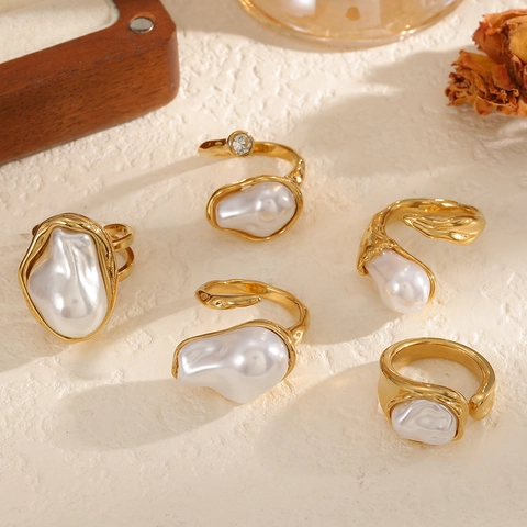 Artificial Baroque Pearl Ring Stainless Steel 18K Gold Plated Adjustable Open Irregular Geometric Vintage Elegant Women Jewelry