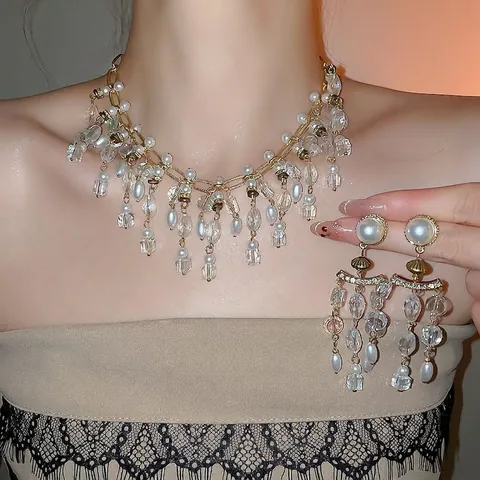 Gioielli Stile Palazzo Vintage Collana E Orecchini Nappa Perla Artificial Cristallo Con Perno In Argento Sterling 925 Lega Tono Oro