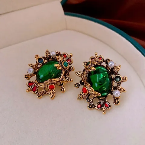 Pendientes De Botón Barrocos Vintage Con Piedra De Resina Verde Esmeralda Perla Artificial De Imitación Y Poste De Plata Para Mujer