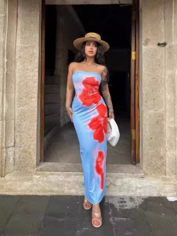 Vestito Maxi Sexy Stampa Floreale Senza Spalline Vestibilità Aderente Spacco Posteriore Bodycon Poliestere Elastan Donna