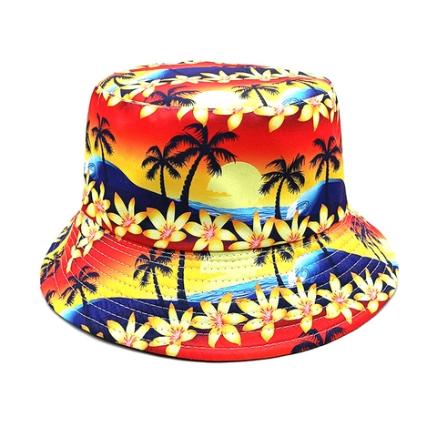 Tropical Palm Tree Print Bucket Hat Polyester Reversible Sun Protection Beach Summer Holiday Travel Unisex Sunshade