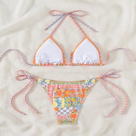Ensemble Bikini Femme Maillot De Bain Deux Pièces Dos Nu Haut Triangle Bas À Nouer Polyester Imprimé Carreaux Plage Été
