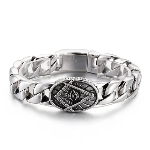 Men Cuban Link Bracelet 316L Stainless Steel Masonic All Seeing Eye Vintage Punk Heavy Metal Hip Hop Jewelry Silver Tone