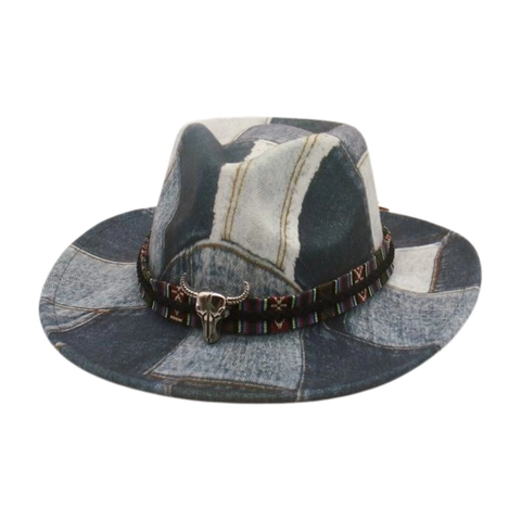Western Cowboy Hat Denim Patchwork Cotton Sun Protection Vintage Fedora With Metal Bull Skull And Ethnic Woven Band