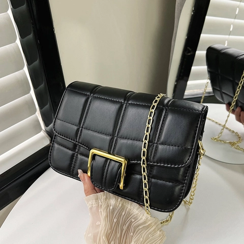 Sac Bandoulière Matelassé Femmes Cuir PU Motif Treillis Chaîne Dorée Sac Épaule Minimaliste Tendance Sac À Main Carré