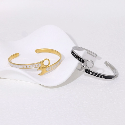 Schraubenschlüssel Offener Armreif Edelstahl Emaille 18K Vergoldet Industriestil Schmuck Für Damen Herren