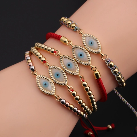 Evil Eye Bracelet Copper Cubic Zirconia Adjustable Braided Rope Beaded Bohemian Jewelry For Women