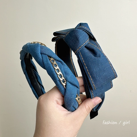 Fashion Denim Fabric Headbands For Women Retro Bow Knot Braided Metal Chain Contrast Stitching Casual Hair Accessories