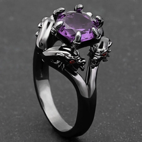 Gothic Double Head Dragon Ring Black Alloy Rhinestone Crystal Dark Fantasy Punk Jewelry Vintage Style Accessory