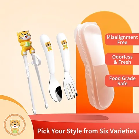 Kids Cartoon 304 Stainless Steel Spoon Fork And Training Chopsticks With Portable Storage Box For Baby Feeding Learning