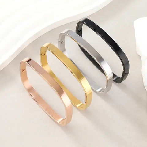 Bracciale Rigido In Acciaio Inossidabile Minimalista Geometrico Quadrato Ovale Chiusura Laterale Cerniera Gioiello Unisex