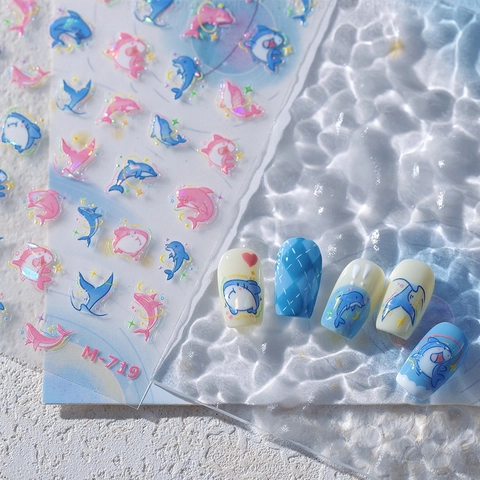 Adesivi Per Unghie Olografici 3D Delfino Squalo Marino Decalcomanie Manicure Laser DIY Decorazione Per Donne