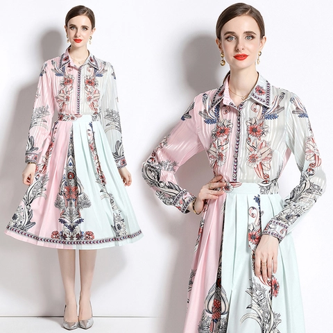 Damen Blumenmuster Color Block Revers Hemd Und Plissee Midi Rock Elegant Vintage Outfit Polyester