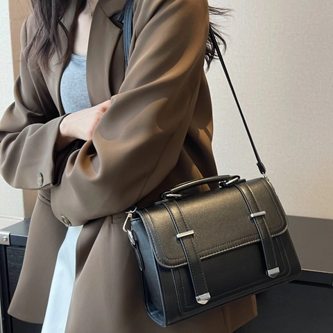 Women PU Leather Square Crossbody Bag Retro Top Handle Messenger Handbag With Magnetic Buckle Adjustable Strap