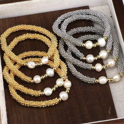 Kupferperlenarmband Mit Künstliche Perlen 18K Vergoldet Elastisch Handgefertigt Minimalistischer Schmuck Für Damen