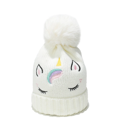 Kids Girls Unicorn Embroidered Knitted Beanie Hat With Pom Pom Warm Winter Acrylic Soft White Cute Cartoon Accessory