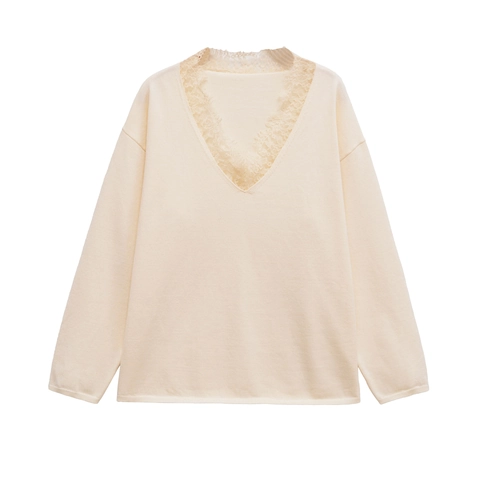Damen Langarm Strickpullover V Ausschnitt Spitze Solid Color Elegant Pullover Tops Für Damen Acryl Polyester Mischung