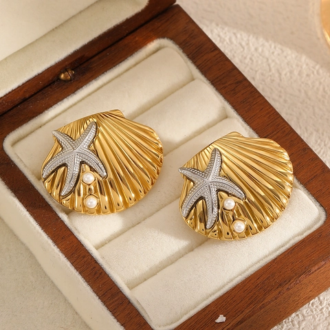 Scallop Shell Starfish Stud Earrings 18K Gold Plated Stainless Steel With Faux Artificial Pearl Ocean Jewelry For Women