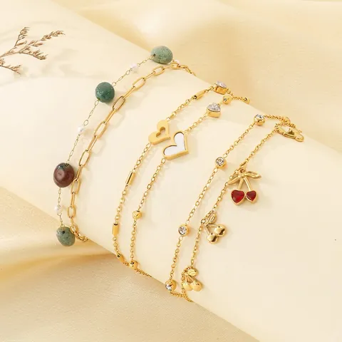 Tobillera De Doble Capa De Acero Inoxidable Con Dijes De Corazón Concha Cereza Joyería De Playa Chapada En Oro Para Mujer