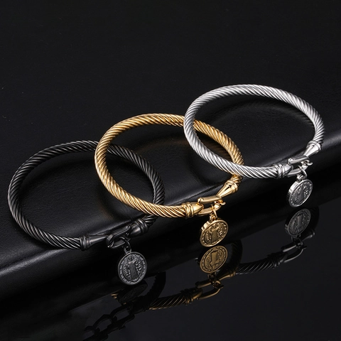 Stainless Steel Saint Benedict Medal Twisted Cable Bangle Retro Religious Charm Bracelet Vintage Jewelry For Women Men