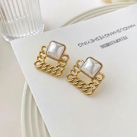 Vintage Square Stud Earrings Alloy Chain Link Faux Artificial Pearl Geometric Gold Tone Elegant Fashion Jewelry For Women